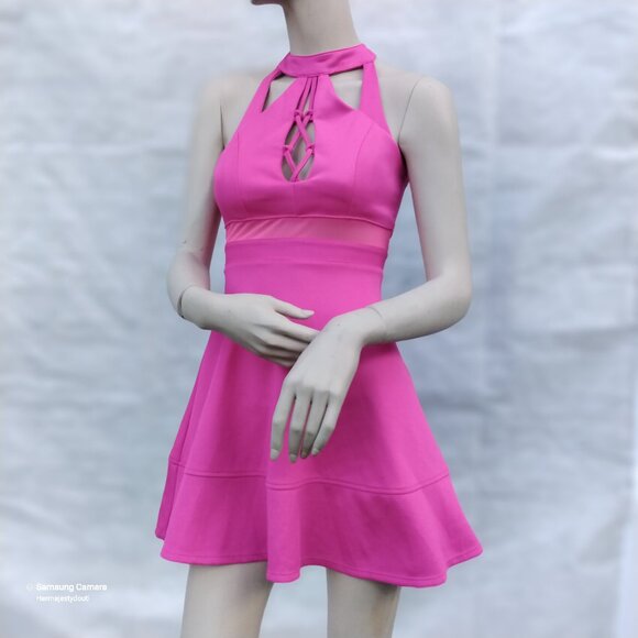 Emerald Sunday Hot Pink Cut-out & Mesh Midriff Fit & Flare Skater Dress GUC Sm. - Picture 1 of 4